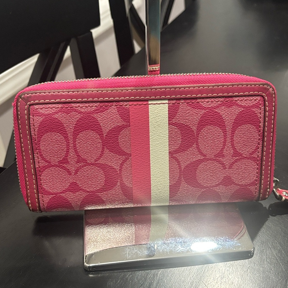 COACH Pink Signature Stripe Zip Around Wallet | Accordion Continental - Picture 4 of 14